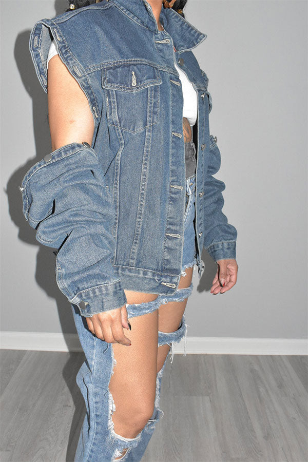 Solid Color Chic Detachable Sleeve Denim Coat