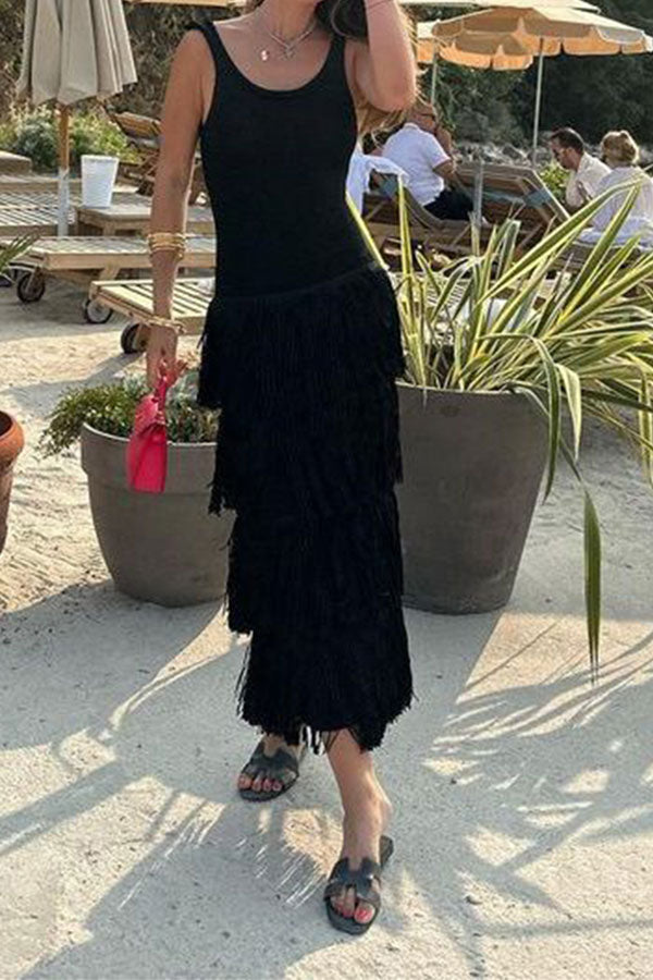 Patchwork Tiered Tassel Undeniable Midi Dress