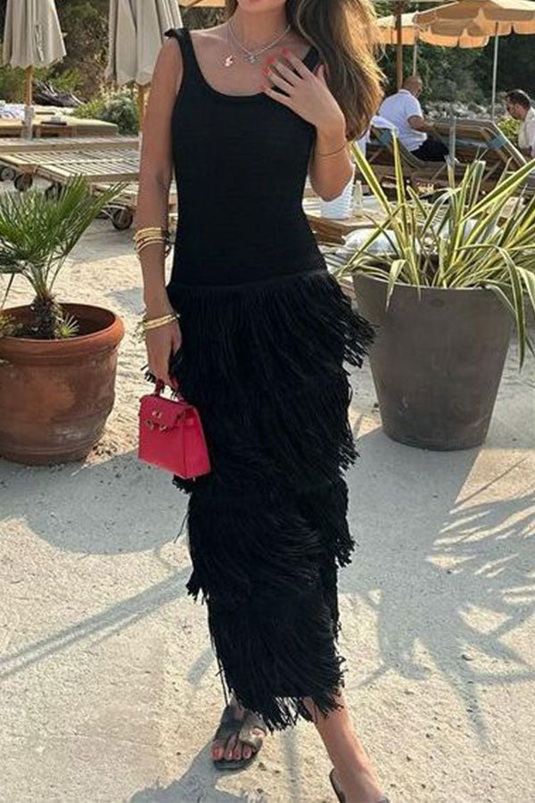 Patchwork Tiered Tassel Undeniable Midi Dress