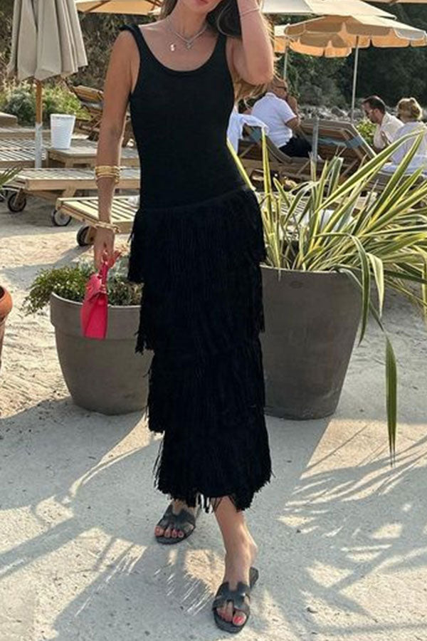 Patchwork Tiered Tassel Undeniable Midi Dress