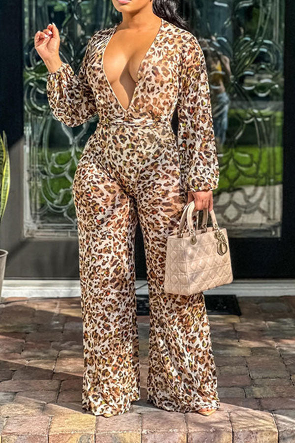 Leopard Print Deep V Neck Feminine Lace-Up Jumpsuit