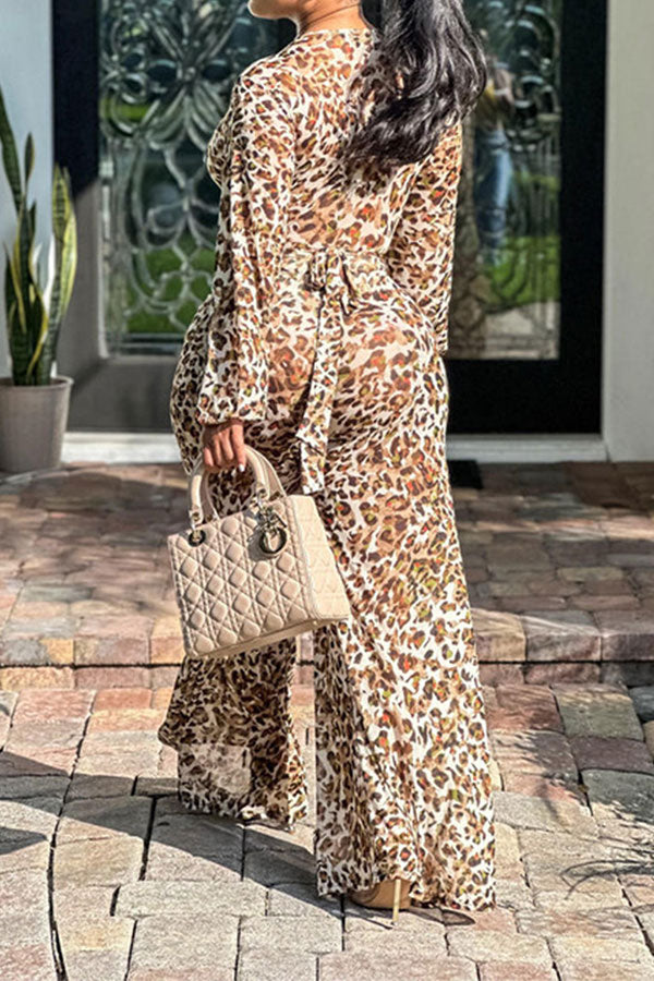 Leopard Print Deep V Neck Feminine Lace-Up Jumpsuit