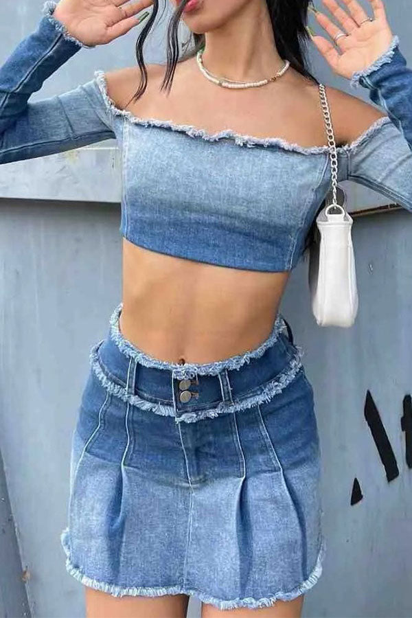 Gradient Girly Off Shoulder Denim Blouse