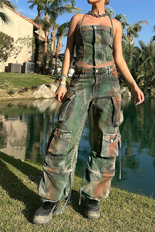 Tie Dye Cool Denim Camisole & Multi Pocket Pants