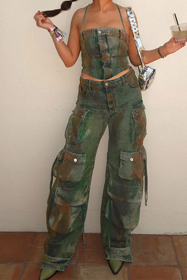 Tie Dye Cool Denim Camisole & Multi Pocket Pants