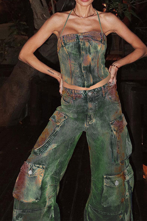 Tie Dye Cool Denim Camisole & Multi Pocket Pants