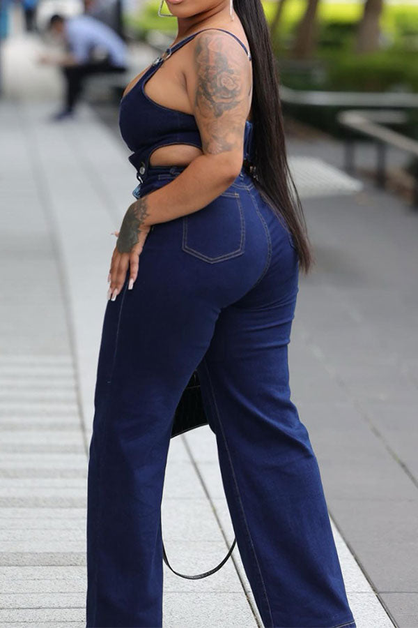 Gradient Retro Suspenders Denim Pant Suit