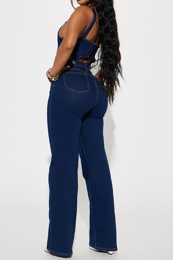 Gradient Retro Suspenders Denim Pant Suit