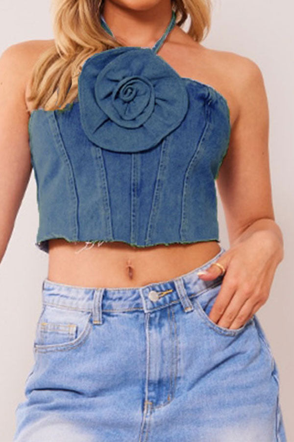 3D Flower Decor Halter Collar Smart Denim Camisole