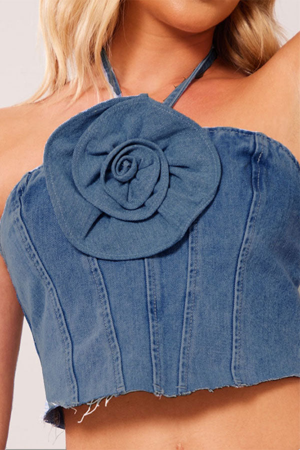 3D Flower Decor Halter Collar Smart Denim Camisole