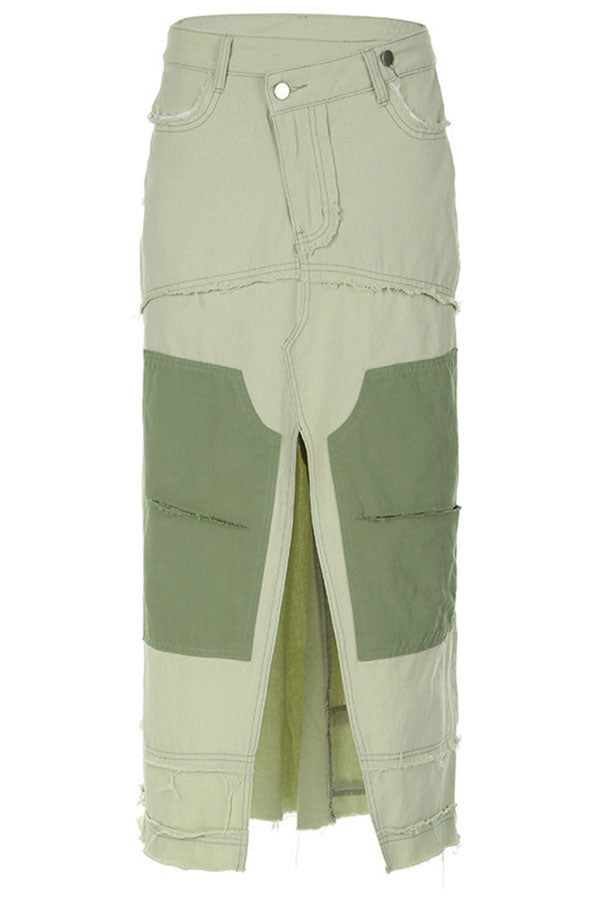 Color Block Patchwork Unique High Split Denim Skirt