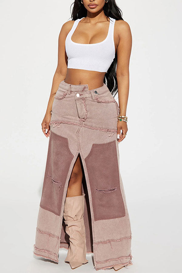 Color Block Patchwork Unique High Split Denim Skirt