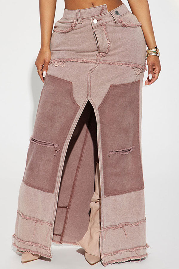 Color Block Patchwork Unique High Split Denim Skirt