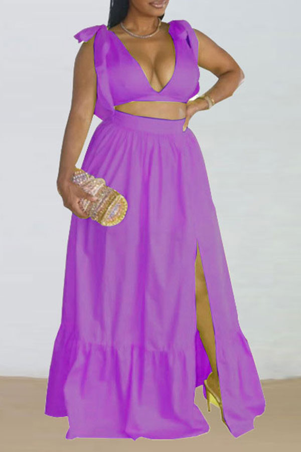 Solid Color Pretty Bowknot High Split Dress Suit