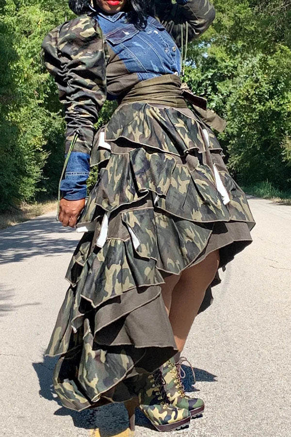 Camouflage Patchwork Denim Cool Single Breasted Coat