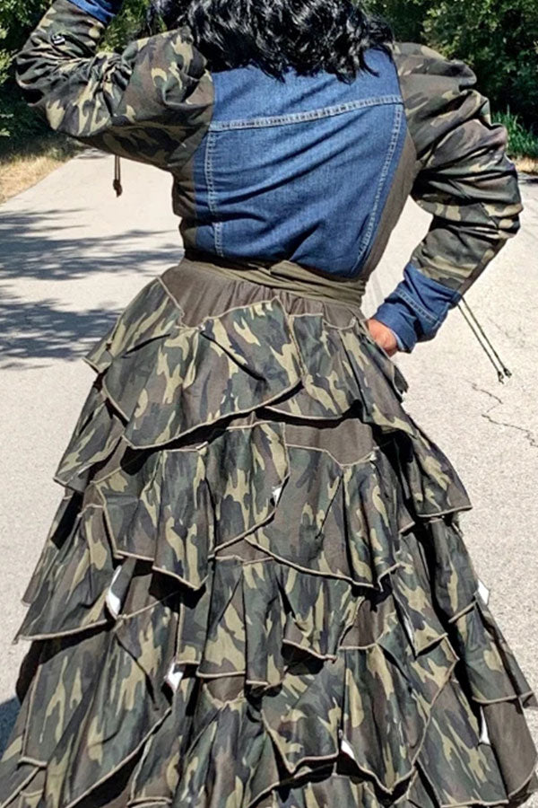 Camouflage Patchwork Denim Cool Single Breasted Coat