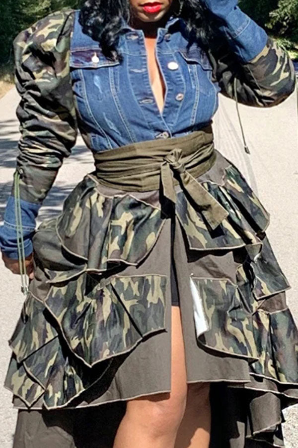 Camouflage Patchwork Denim Cool Single Breasted Coat