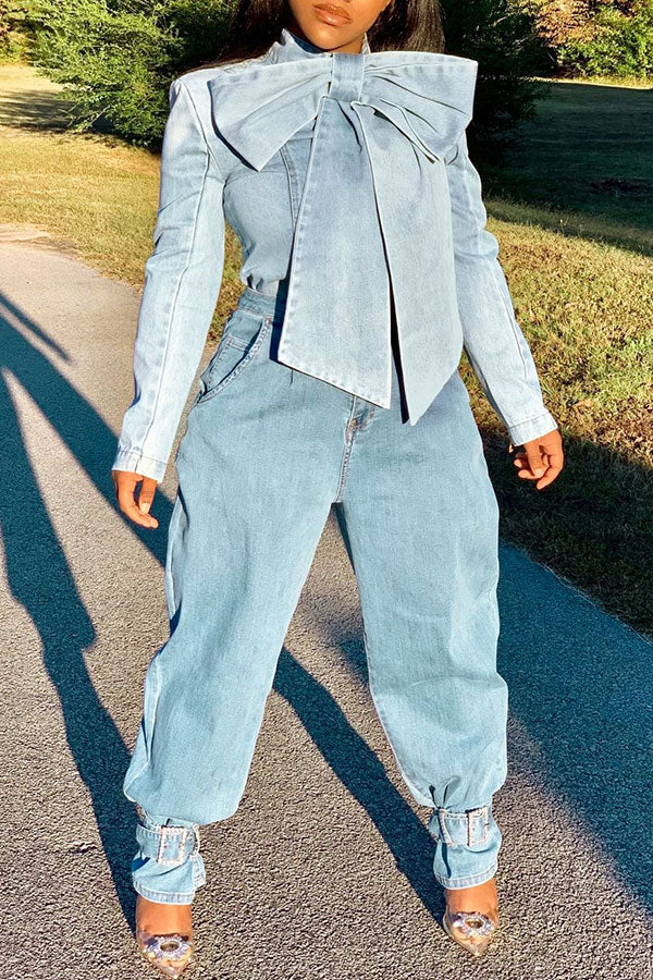 Solid Color Pussy Bow Sweet Denim Blouse