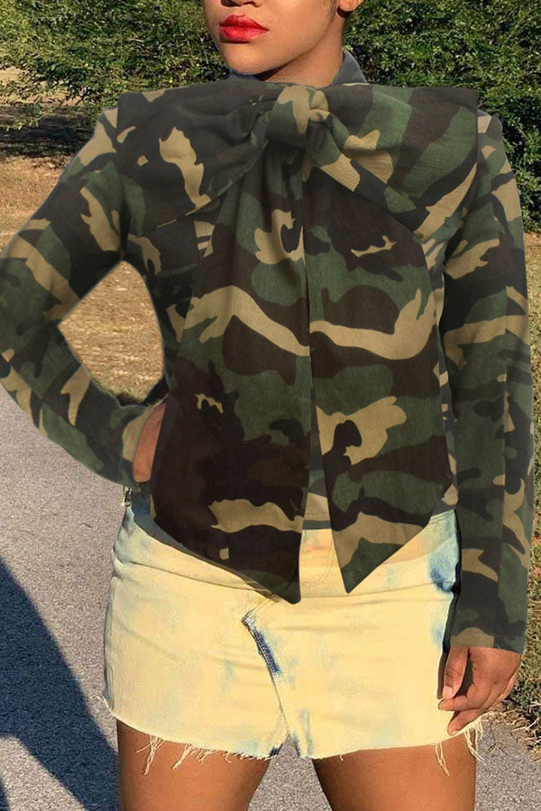 Solid Color Pussy Bow Sweet Denim Blouse