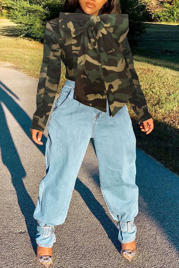 Solid Color Pussy Bow Sweet Denim Blouse