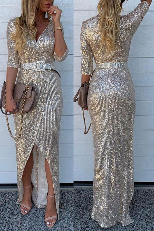 Sequined V Neck Glamorous Maxi Dress