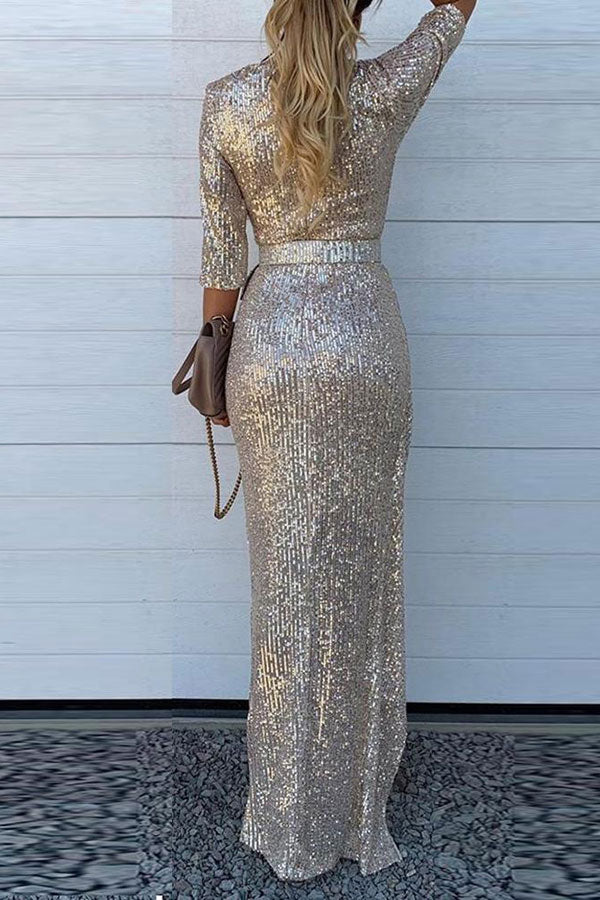 Sequined V Neck Glamorous Maxi Dress