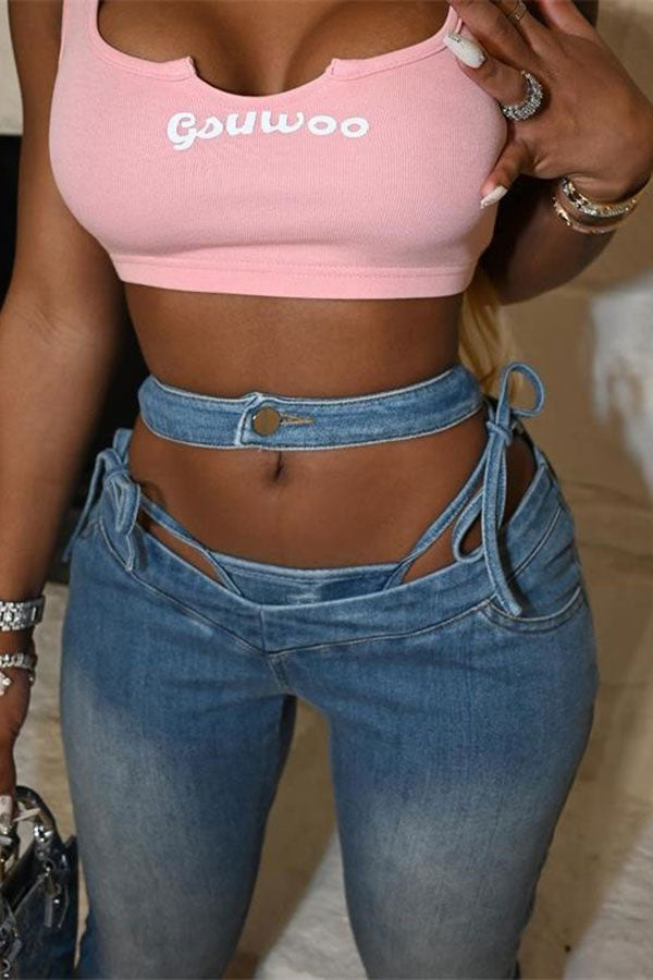 Patchwork Striking Strappy High Waist Cutout Jeans