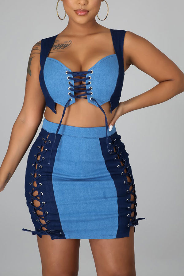 Color Block Girly Keyhole Lace-Up Dress Suit