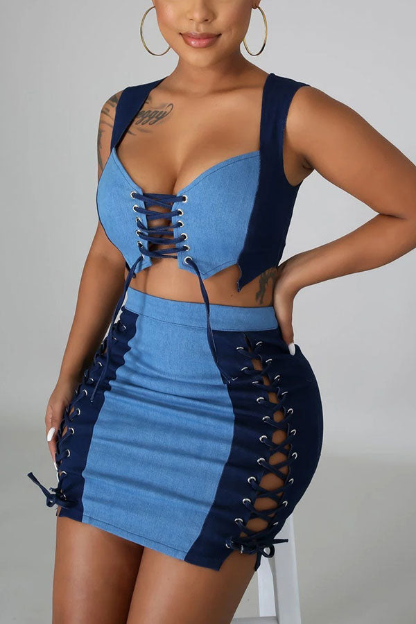 Color Block Girly Keyhole Lace-Up Dress Suit