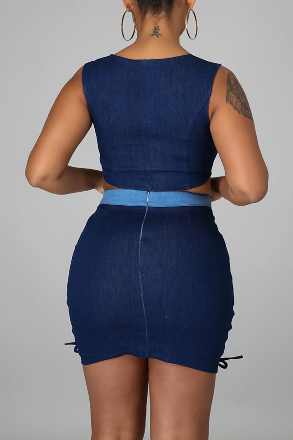 Color Block Girly Keyhole Lace-Up Dress Suit