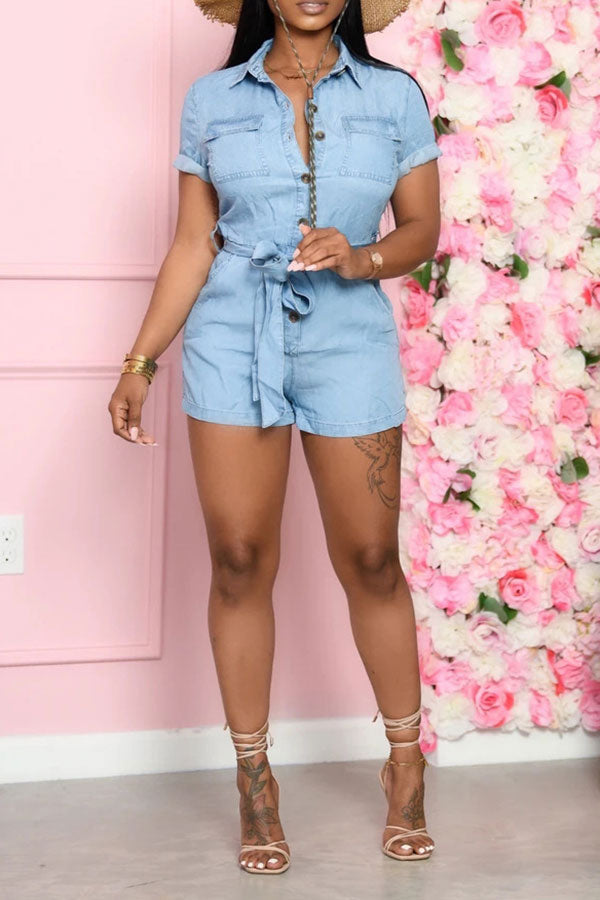 Solid Color Classic Lapel Button Down Belt Denim Romper