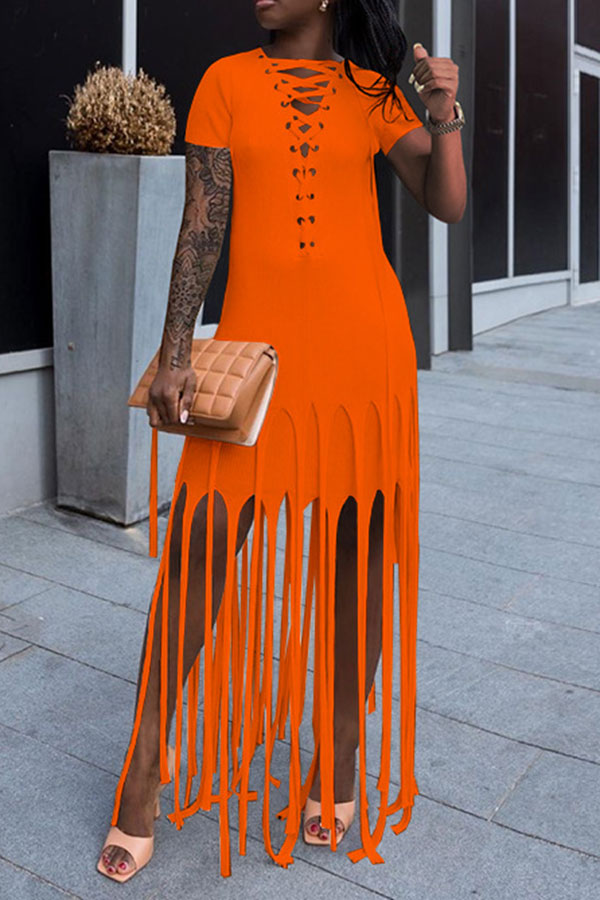 Color Block Tassels Stylish Lace-Up Maxi Dress