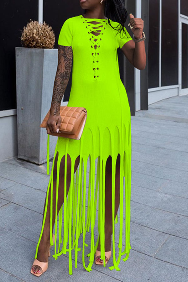 Color Block Tassels Stylish Lace-Up Maxi Dress
