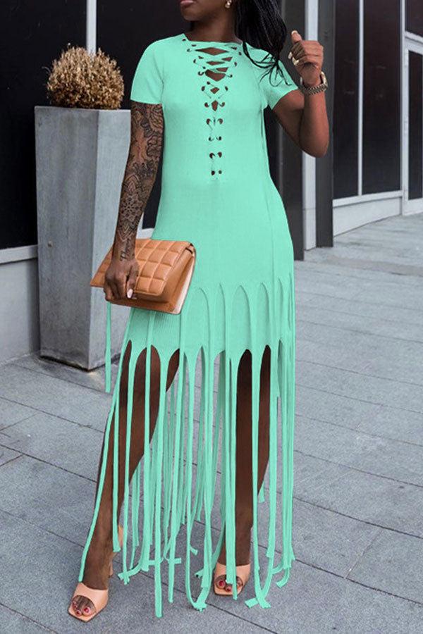 Color Block Tassels Stylish Lace-Up Maxi Dress