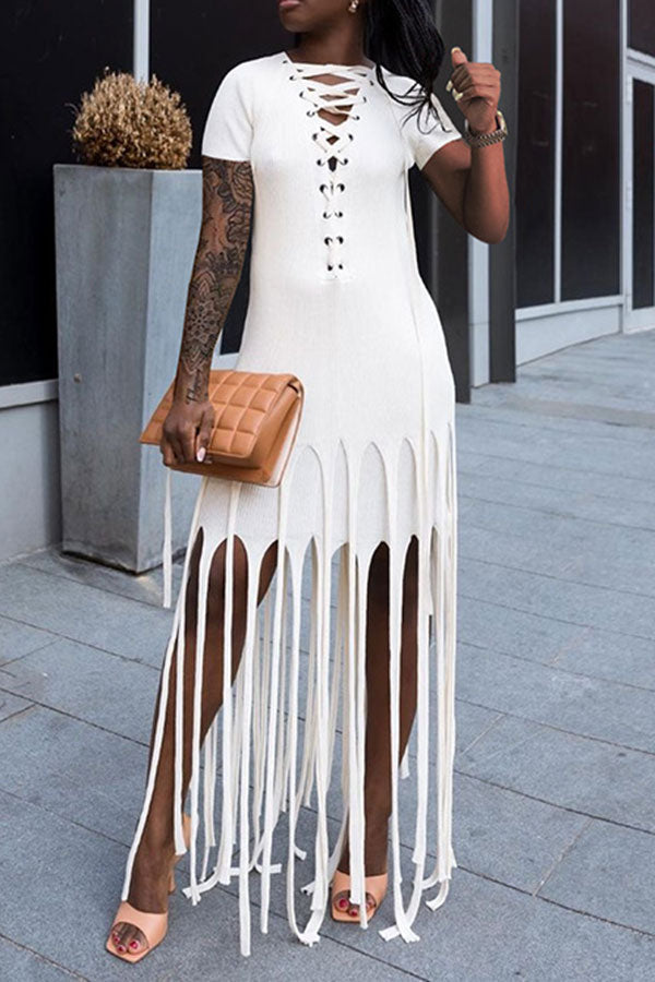 Color Block Tassels Stylish Lace-Up Maxi Dress