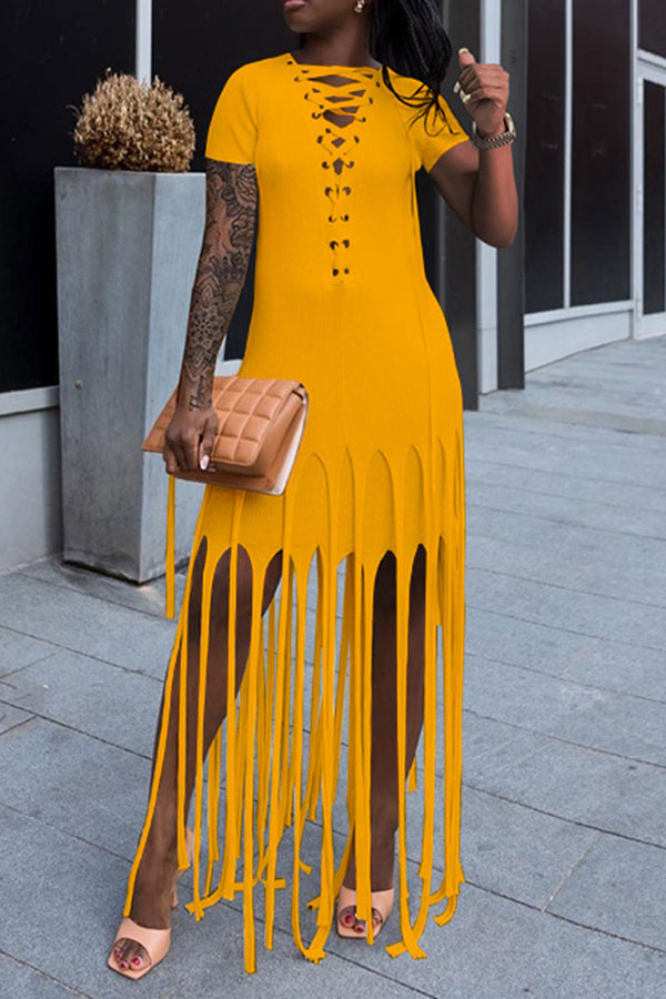 Color Block Tassels Stylish Lace-Up Maxi Dress