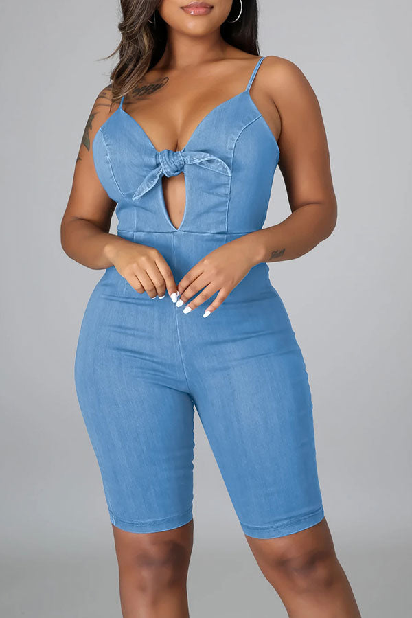 Solid Color Bowknot Elegant Denim Romper