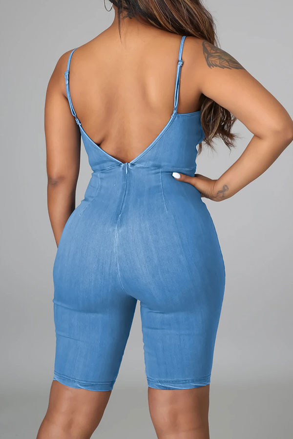 Solid Color Bowknot Elegant Denim Romper