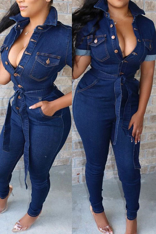 Navy Blue Casual Button Down Denim Jumpsuit With Belt