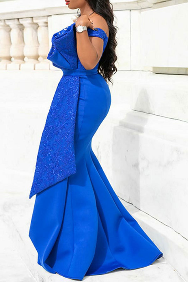 Lace Patchwork Elegant Faux Pearl Layered Ruffles Maxi Dress