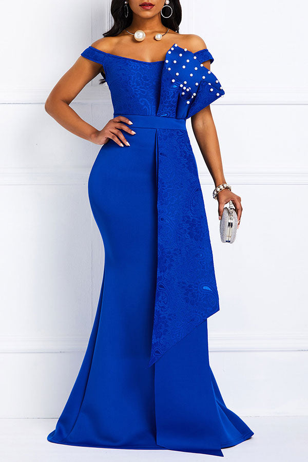 Lace Patchwork Elegant Faux Pearl Layered Ruffles Maxi Dress