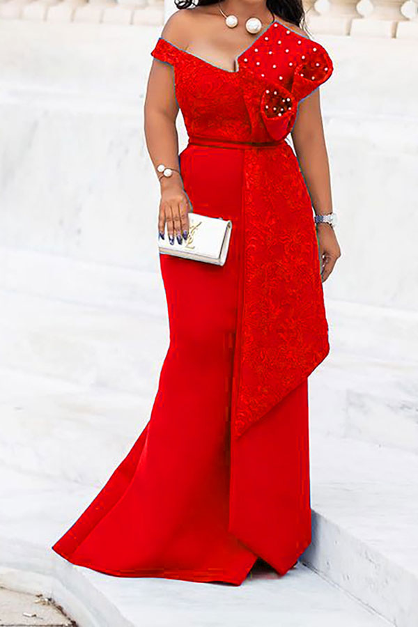 Lace Patchwork Elegant Faux Pearl Layered Ruffles Maxi Dress