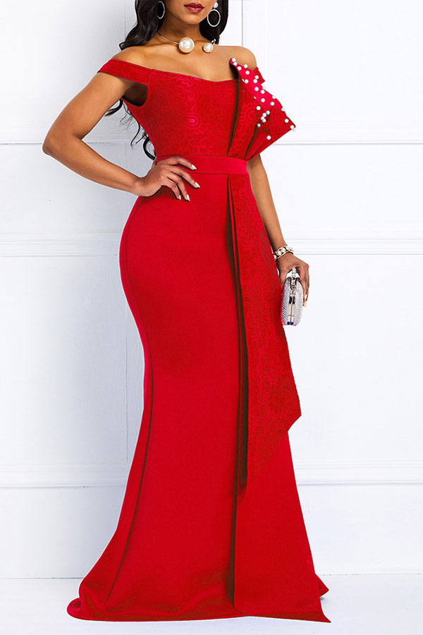 Lace Patchwork Elegant Faux Pearl Layered Ruffles Maxi Dress