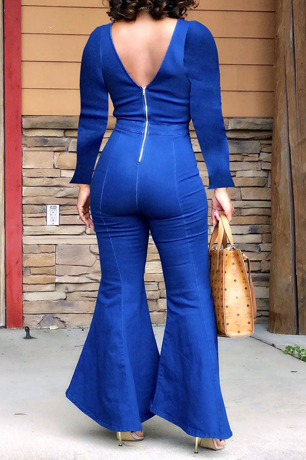Denim Wrap Cutout Feminine Bell Bottoms Jumpsuit