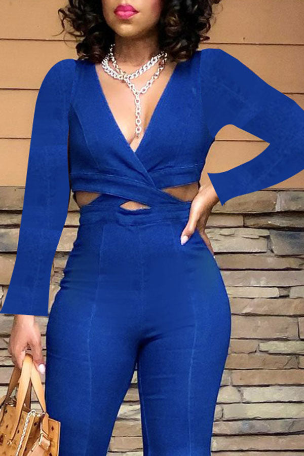 Denim Wrap Cutout Feminine Bell Bottoms Jumpsuit