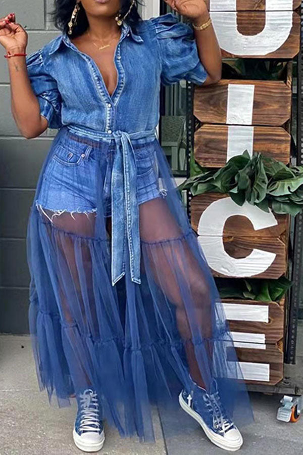 Mesh Patchwork Urban Lace-Up Maxi Dress