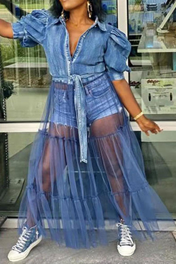 Mesh Patchwork Urban Lace-Up Maxi Dress