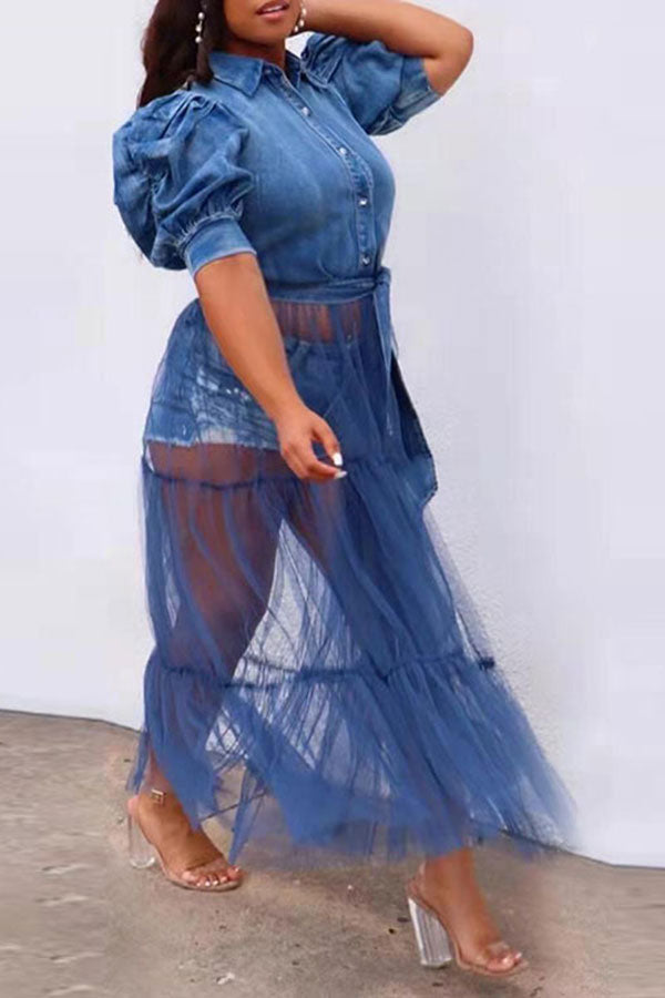 Mesh Patchwork Urban Lace-Up Maxi Dress