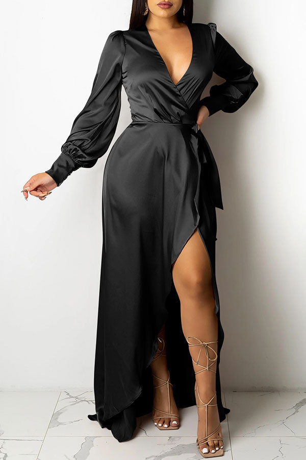 Solid Color Deep V Neck Luxe Lace-Up Split Maxi Dress