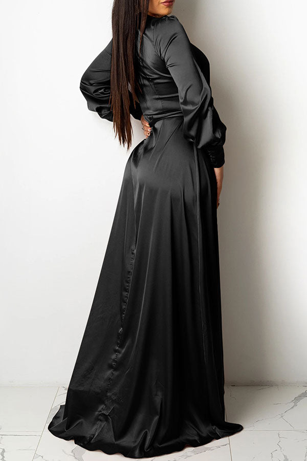 Solid Color Deep V Neck Luxe Lace-Up Split Maxi Dress